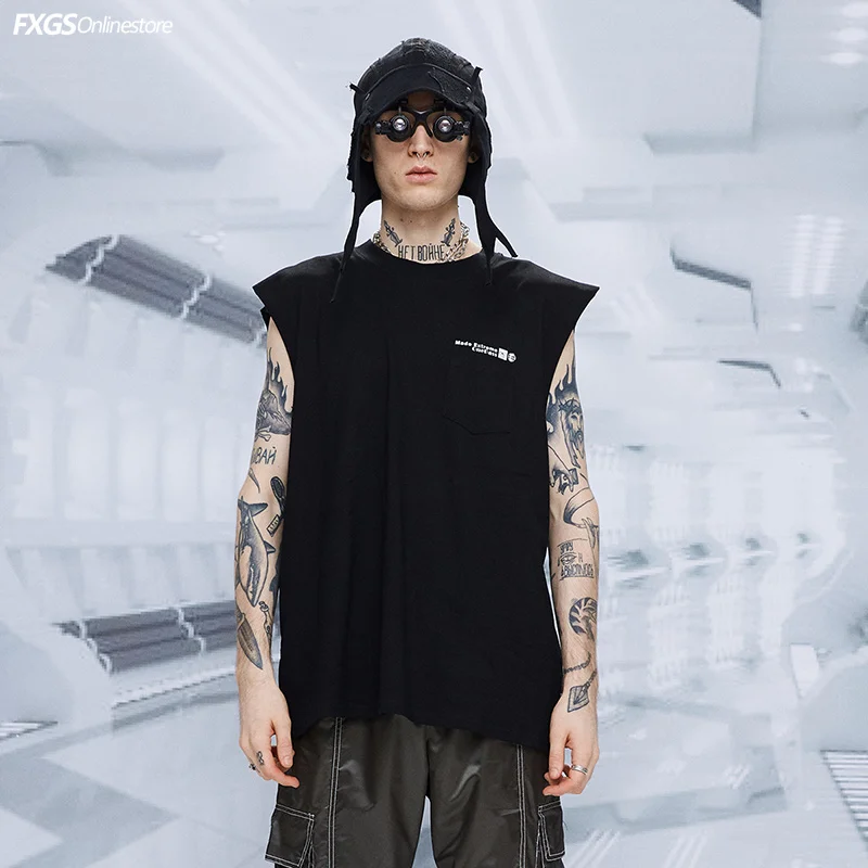 2019 Fashion Brand Street Retro Simple pocket shoulder sleeveless vest Men's summer hip-hop Loose Bottom Shirt Stage Costumes | Мужская