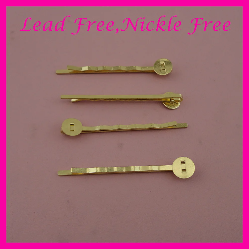

50PCS 2.0mm*5.0cm 2.0" Golden plain Waved Metal bobby pins Slide hair barrettes with 8mm pads at nickle free and lead free