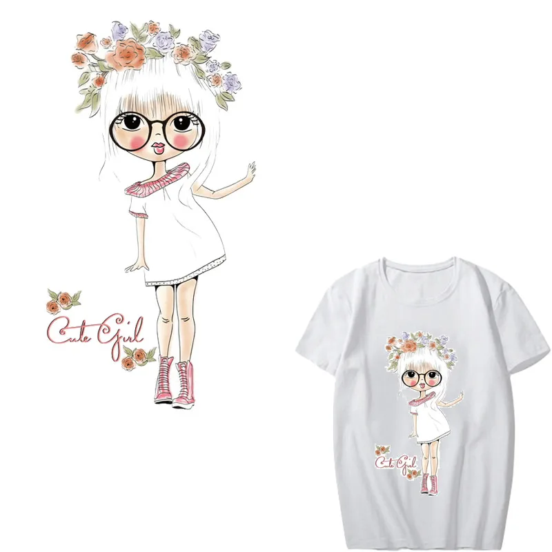

Cute Girl Patch Heat Transfer Vinyl Stickers for Clothing DIY T-shirt Dresses Applique Iron-on Transfers Stripes on Clothes