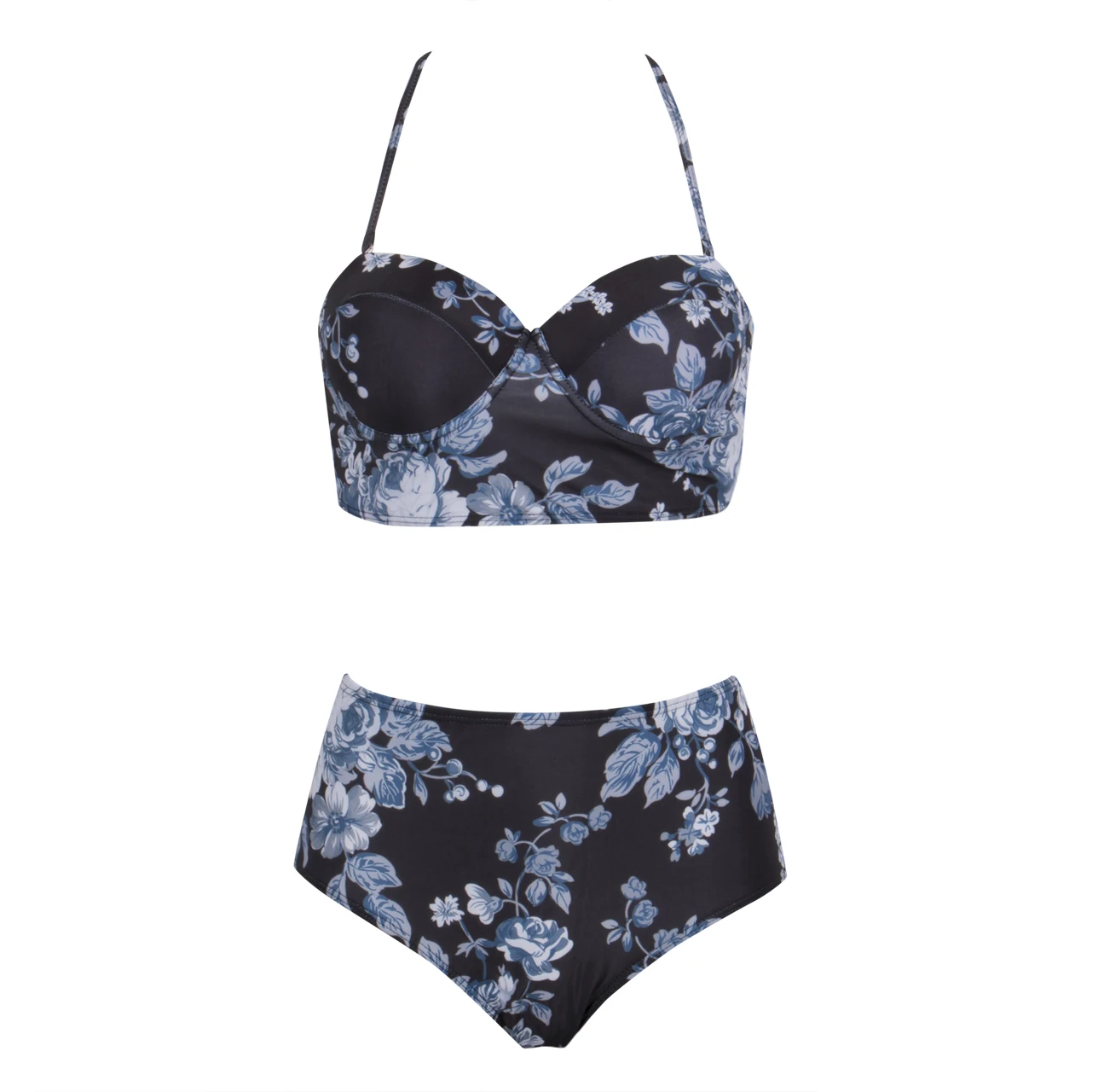 Женские синие цветочные бикини купальники винтажные высокая талия Холтер