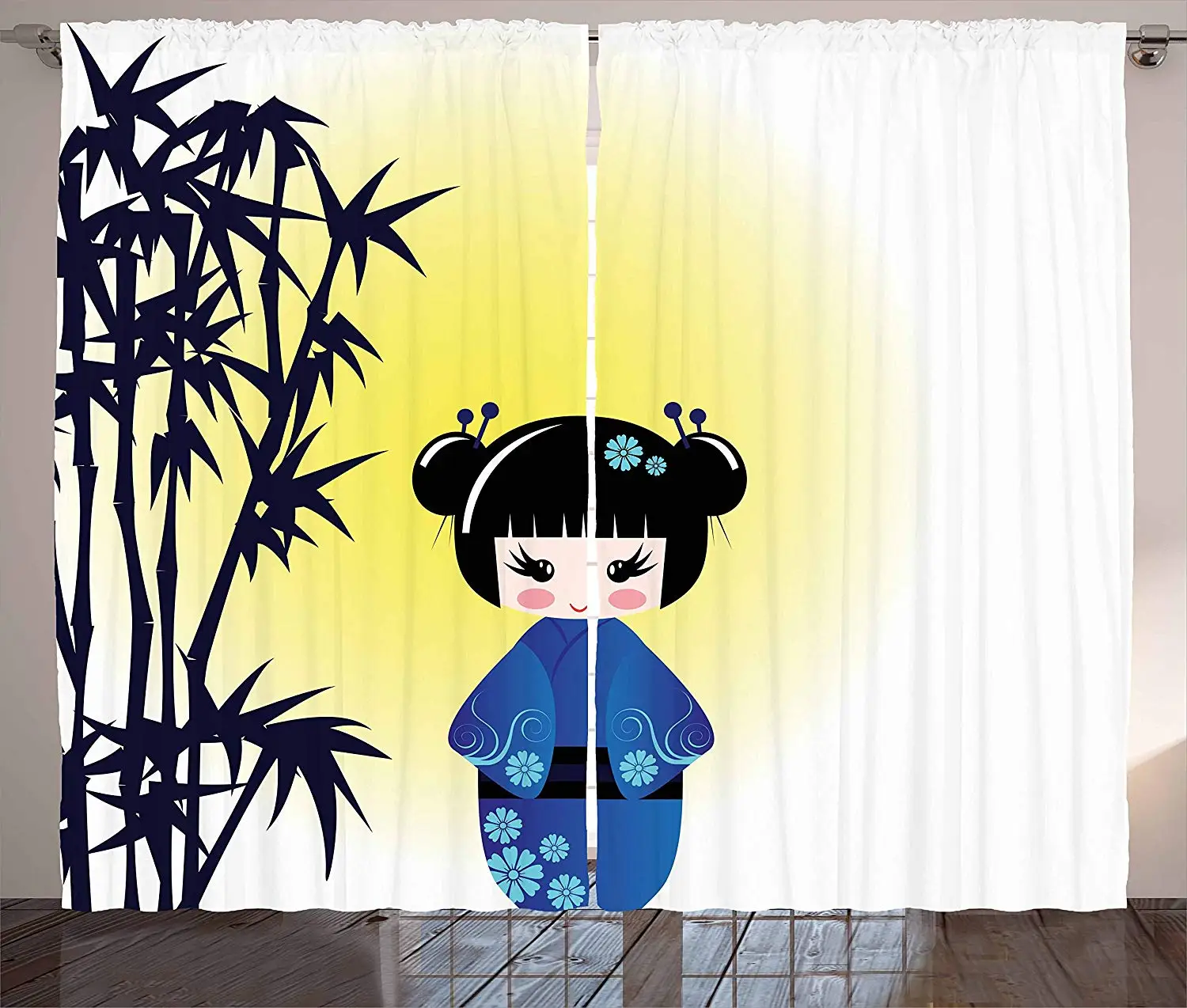 Аниме шторы иллюстрация куклы Kokeshi и бамбуковое дерево японское азиатское