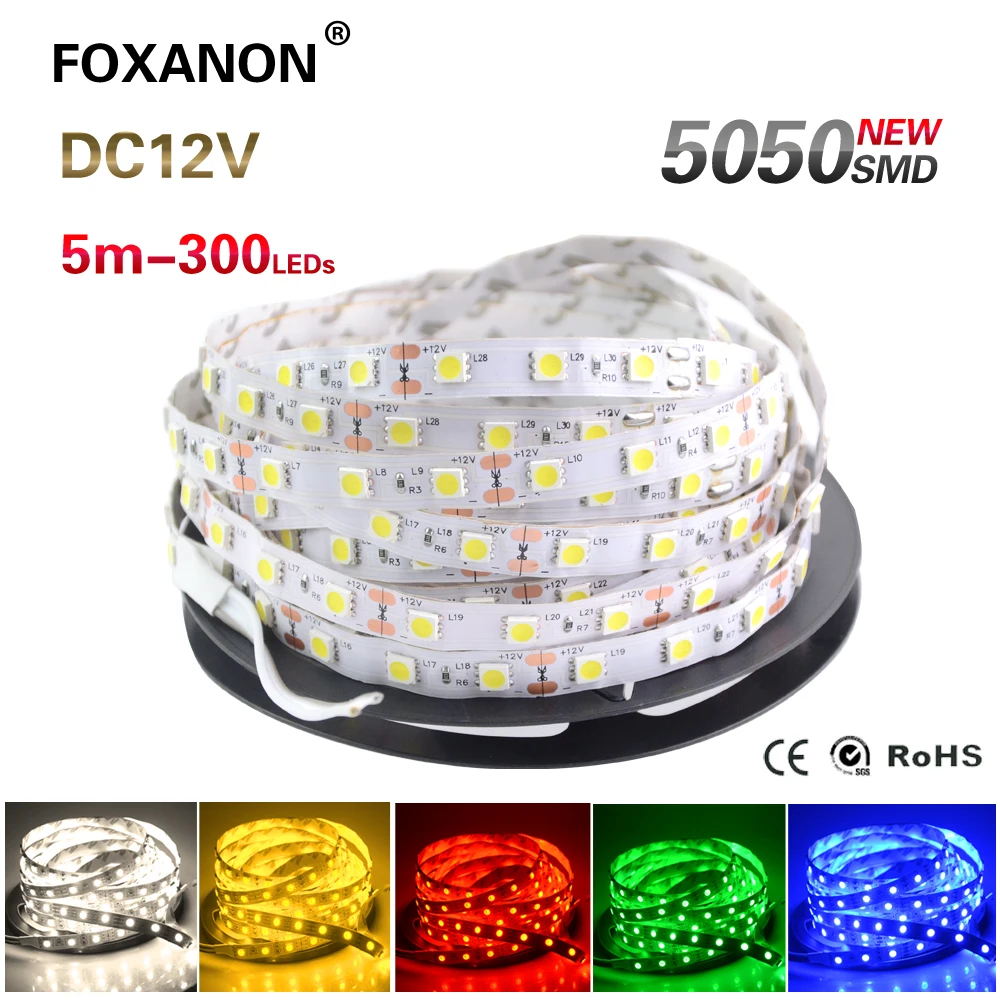 Foxanon LED Strip light 5050 DC12V 5M 300led Flexible RGB Bar Light Super Brightness Non-waterproof Indoor Home Decoration | Лампы и