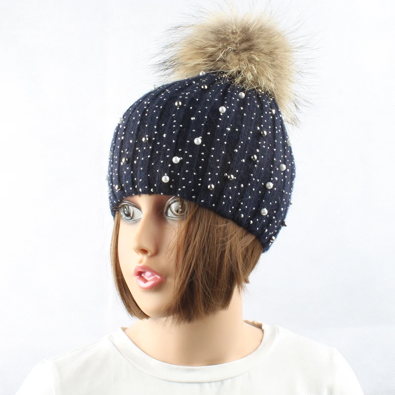 FURANDOWN женская шапка со стразами и жемчугом с помпоном облегающая Женская Зимняя