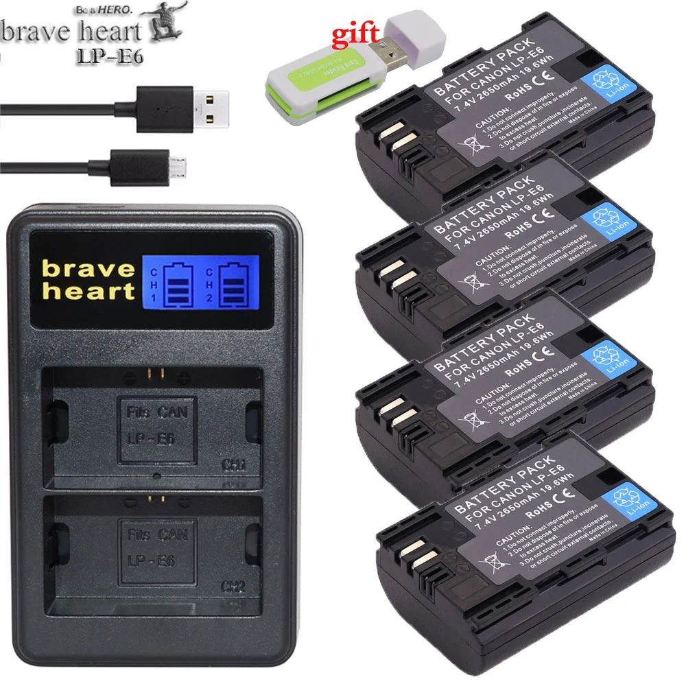 charger and 4battery Горячая 2x2650 mAh LP-E6 LP E6 LPE6 Аккумулятор для камеры Canon 5D Mark II III 7D 60D EOS 6D 70D 80D аксессуары для canon - Цвет: charger and 4battery