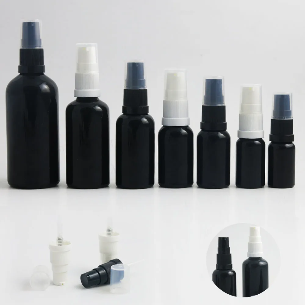 

12 x Travel 3.33oz 5/3oz 1oz 2/3oz 1/2oz 1/3oz 1/6oz Empty Paint Black Glass Bottle With Pump Cream Shampoo Bottle