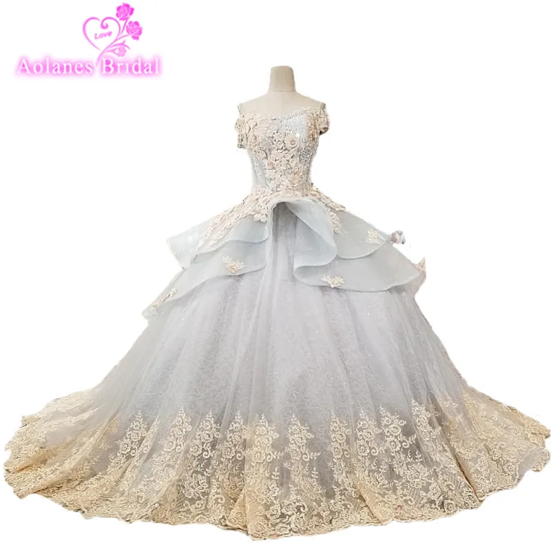 AOLANES 2018 Vintage Gray Tulle Sweetheart Sleeveless Wedding Dresses Cathedral Train Lace Up Off The Shoulder Bridal Gowns Real | Свадьбы и