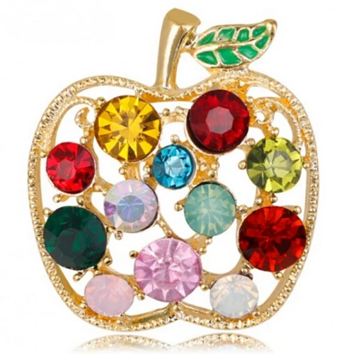 gold Винтажная с кристаллами хрусталя фрукты Броши для женщин Золотая брошь "яблоко" ткань брошь Заколки ювелирные аксессуары подарок - Окраска металла: gold