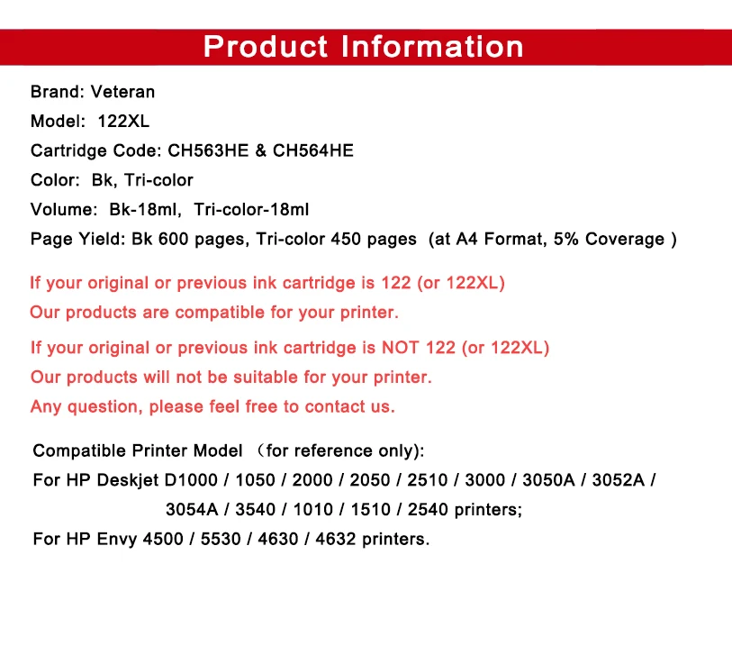 Ветеран Заправляемый картридж 122XL 122 XL для hp Deskjet 1000 1050 1510 2000 2050 2540 3000 3050 1050A 2050A 3050A принтер
