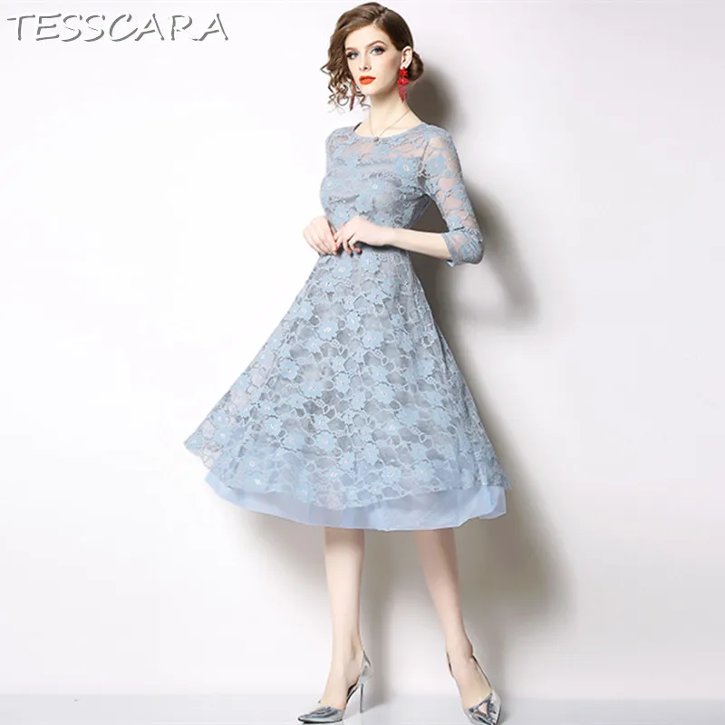 Blue TESSCARA, женское элегантное кружевное платье на лето и весну, праздничное, женское, высокое качество, винтажное, дизайнерское, Vestidos, офисные, вечерние, розовые, для женщин - Цвет: Blue