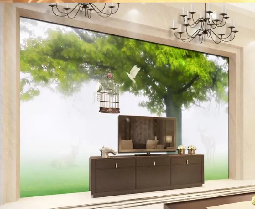Пользовательские фото обои 3D стерео весеннее дерево Сика олень зеленые листья ТВ