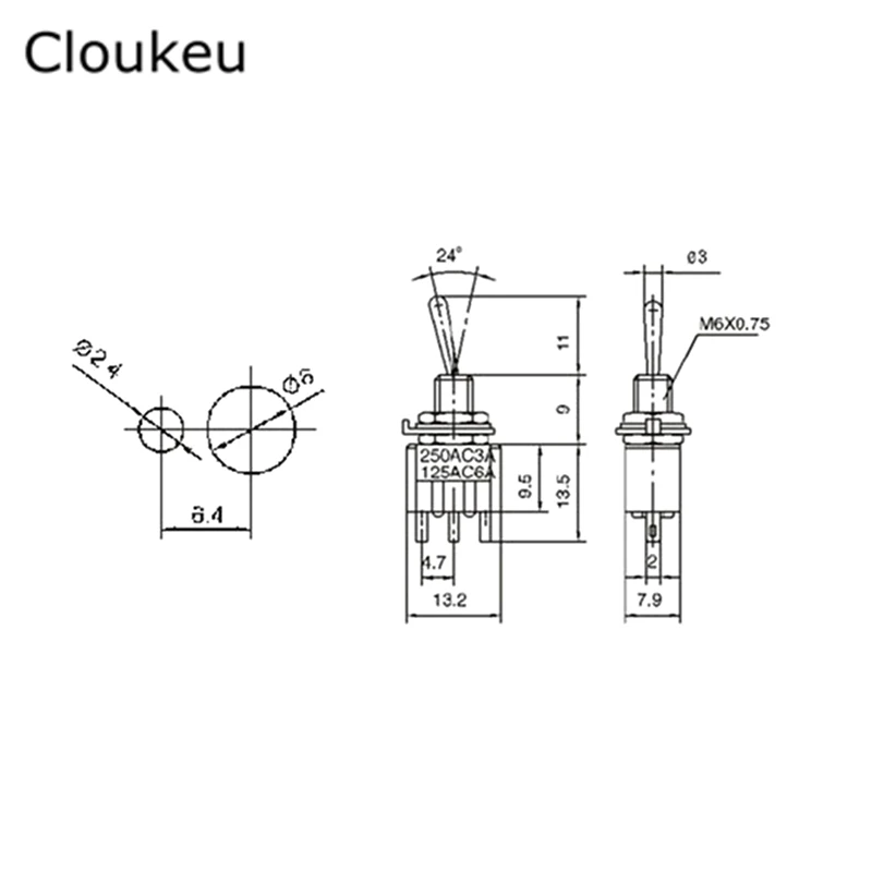 

5Pcs 6MM Red 3Pin 2File MTS-102 Rocker switch 2A250V ON-ON Toggle Switch
