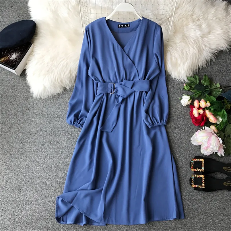 Модные женские V образным вырезом Сезон весна осень Бандажное платье миди