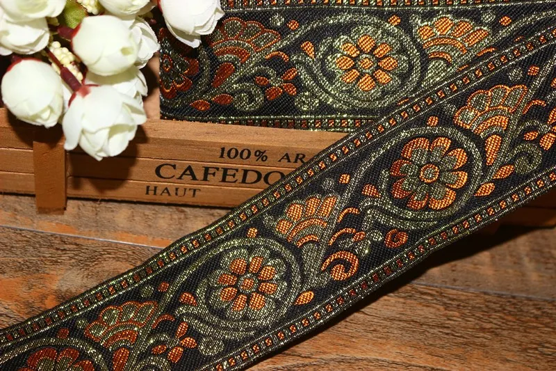 10 ярдов/Лот тканая жаккардовая лента 5 см черный фон оранжевые цветы рисунок IS-3216 |