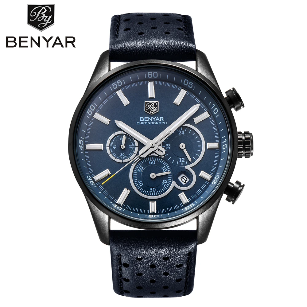 

New BENYAR Mens Watches Top Brand Luxury Waterproof Leather Quartz Wristwatches Chronograph Date Sport watch Relogio Masculino