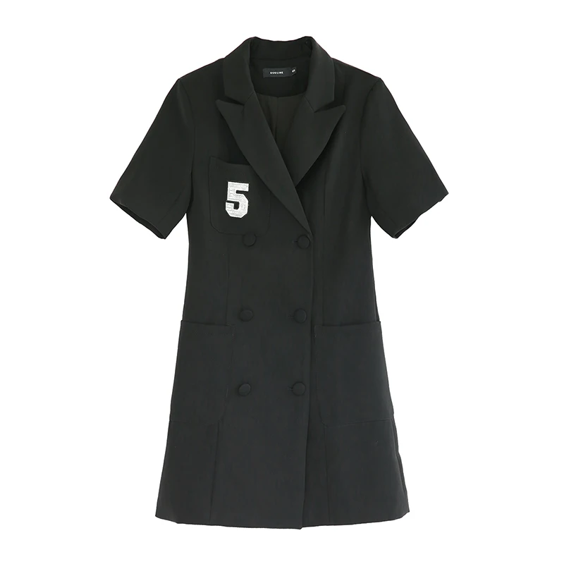 

PERHAPS U Black Notch Collar Double-breasted Pocket Short Sleeve Mini Short Dress Digital Embroidery Summer Vintage Casual D1731