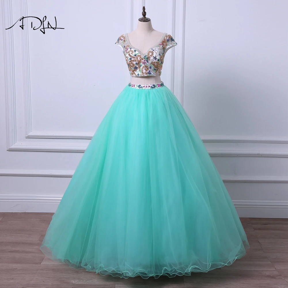 ADLN Двойка розовые платья Quinceanera v-образным вырезом Кепки рукавом бальное платье для светской львицы для выпускного вечера Vestidos De 15 Anos