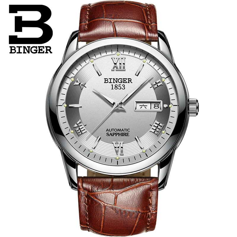 Switzerland watches men luxury brand Wristwatches BINGER luminous Mechanical leather strap Waterproof BG-0383-12 | Наручные часы