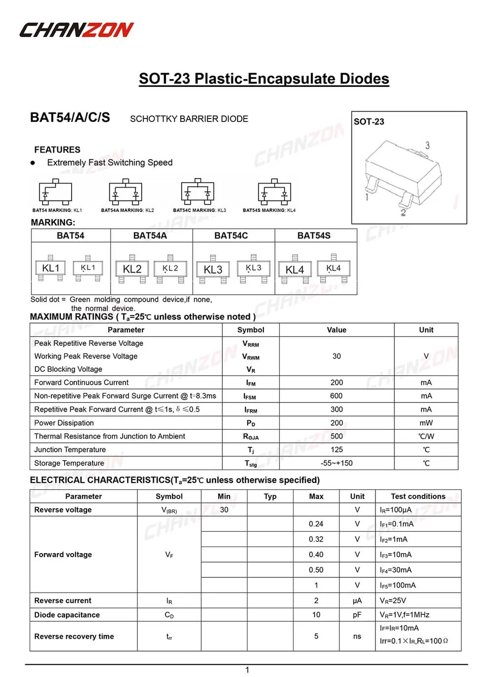 (100 шт.) выпрямительные диоды BAT54A SMD Schottky с барьером 200 мА 30 в SOT 23 (SOT 3) 0 2 а