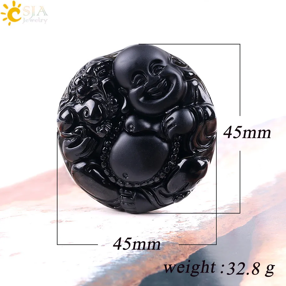 Round Buddha CSJA натуральный драгоценный камень черный обсидиан Будда Кулон Резные слон Дракон Амулет Лаки для исцеления чакр с помощью рейки мужские ювелирные изделия E619 - Окраска металла: Round Buddha