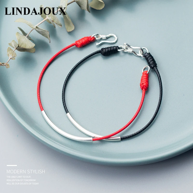 LINDAJOUX, настоящее 925 пробы, серебряный, романтичный, счастливый, красный, струнный браслет для мужчин и женщин, S925 Серебряные Браслеты, регулируемая длина