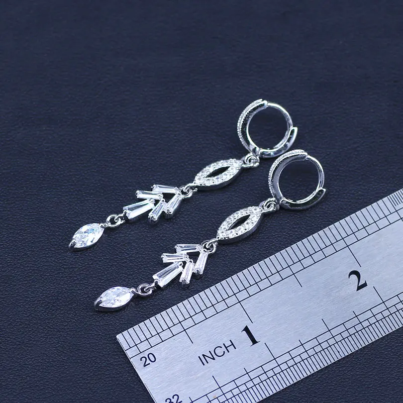 silver color White Zircon Crystal Angelic Leaf Bracelet And Pretty Long Earrings Jewelry Set For Women Anniversary | Украшения и