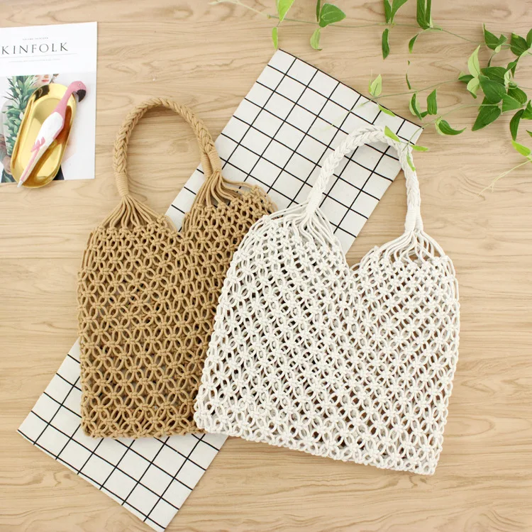35x32CM Copper Buckle Handmade Cotton Thread Hand Mesh Hollow Unlined Straw Bag Casual Woven a5306 | Багаж и сумки