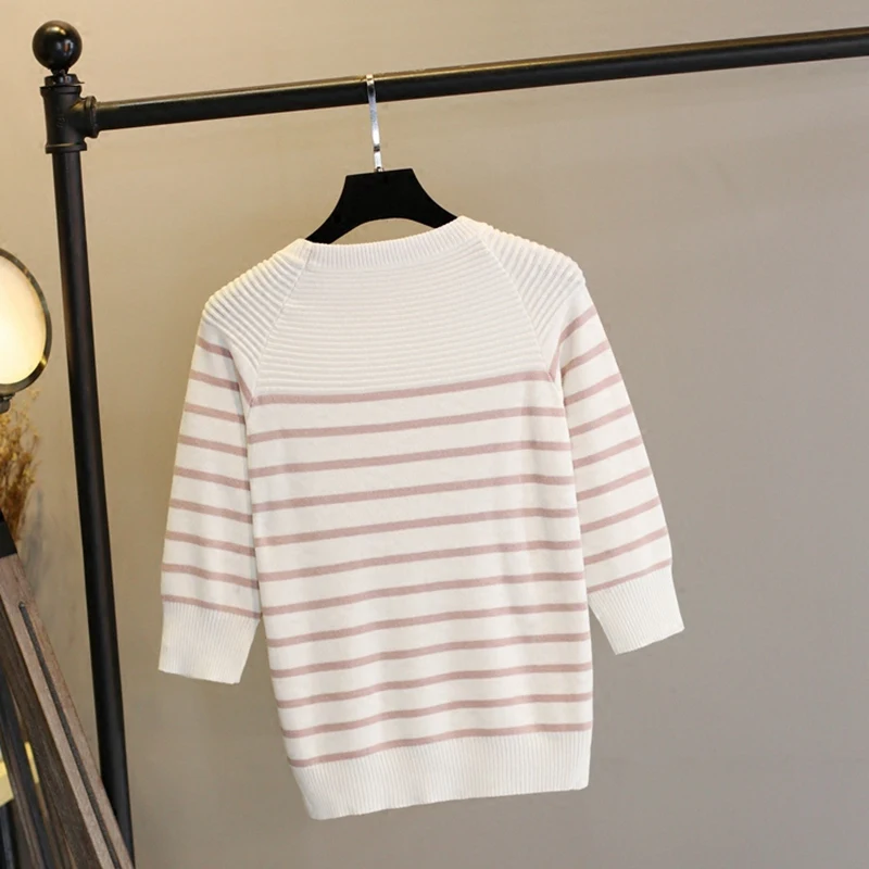 Women striped Pullover Sweater 2019 Spring Autumn Half Sleeve Pullovers Button Decorate Striped Knitted Sweaters Female Topss | Женская