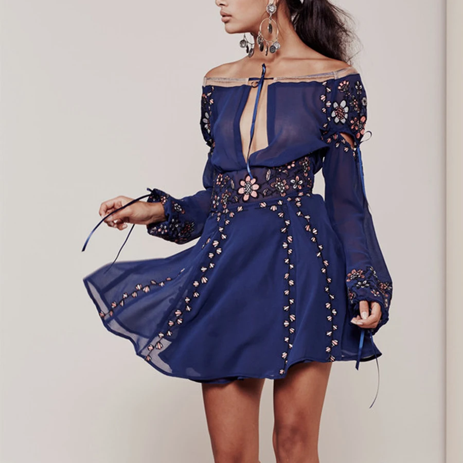 Цветочный Вышивка Chic Boho платье 2017 новые винтажные О-образным вырезом с длинным