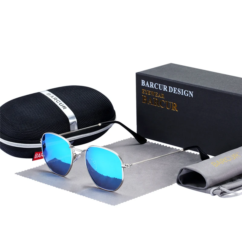 Silver Blue BARCUR Классические отражающие солнцезащитные очки мужские Нержавеющая сталь оправа очки Солнцезащитные очки женские Oculos De Sol - Цвет линз: Silver Blue