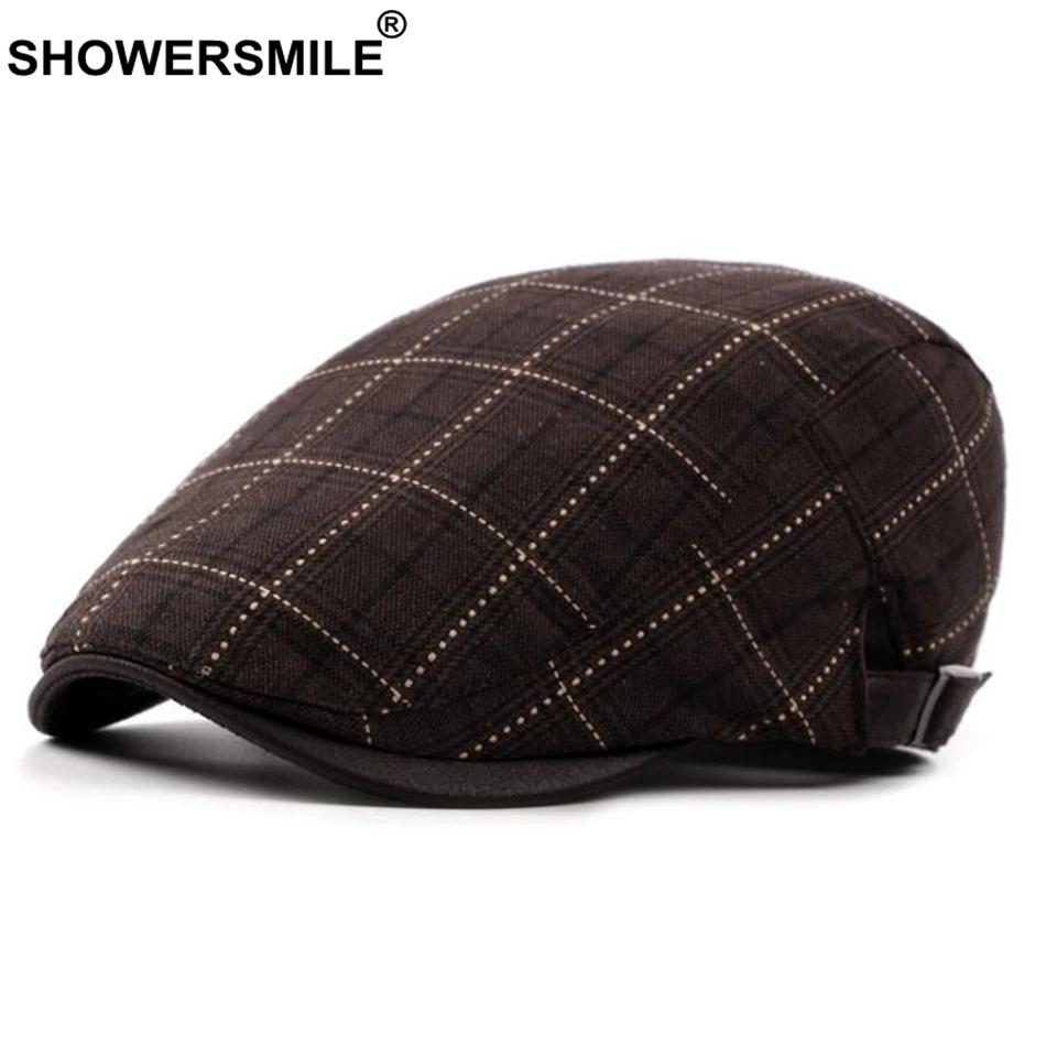 Coffee Berets SHOWERSMILE классический береты для мужчин клетчатая хлопковая Регулируемая плоская кепка мужской Клетчатый английский стиль лето осень плюща утконоса шляпа - Цвет: Coffee Berets