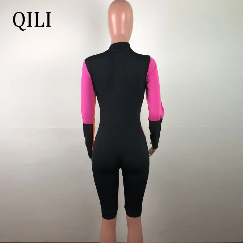 

QILI New Hot Sale Jumpsuit Women Rompers Popular Patchwork Mesh Long Sleeve Zipper Sexy Casual Romper Skinny Jumpsuits