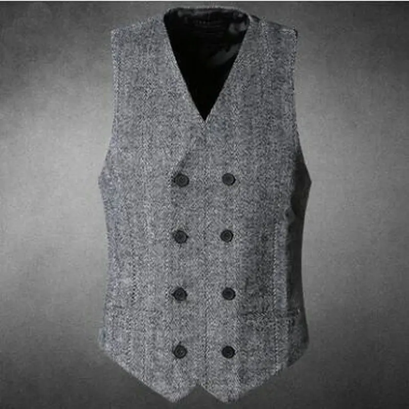 Mens Double Breasted Vest Men Dress Suit Formal Grey Gilet Slim Business Jacket Tops homme 2019 spring | Мужская одежда