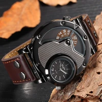 oulm two time zone sports wristwatch military army mens casual pu leather strap antique designer quartz watch male clock