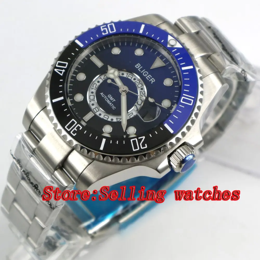 

43mm Bliger Stainless Steel Case Black Blue Dial Ceramic Bezel Luminous Mechanical Mens Wristwatch
