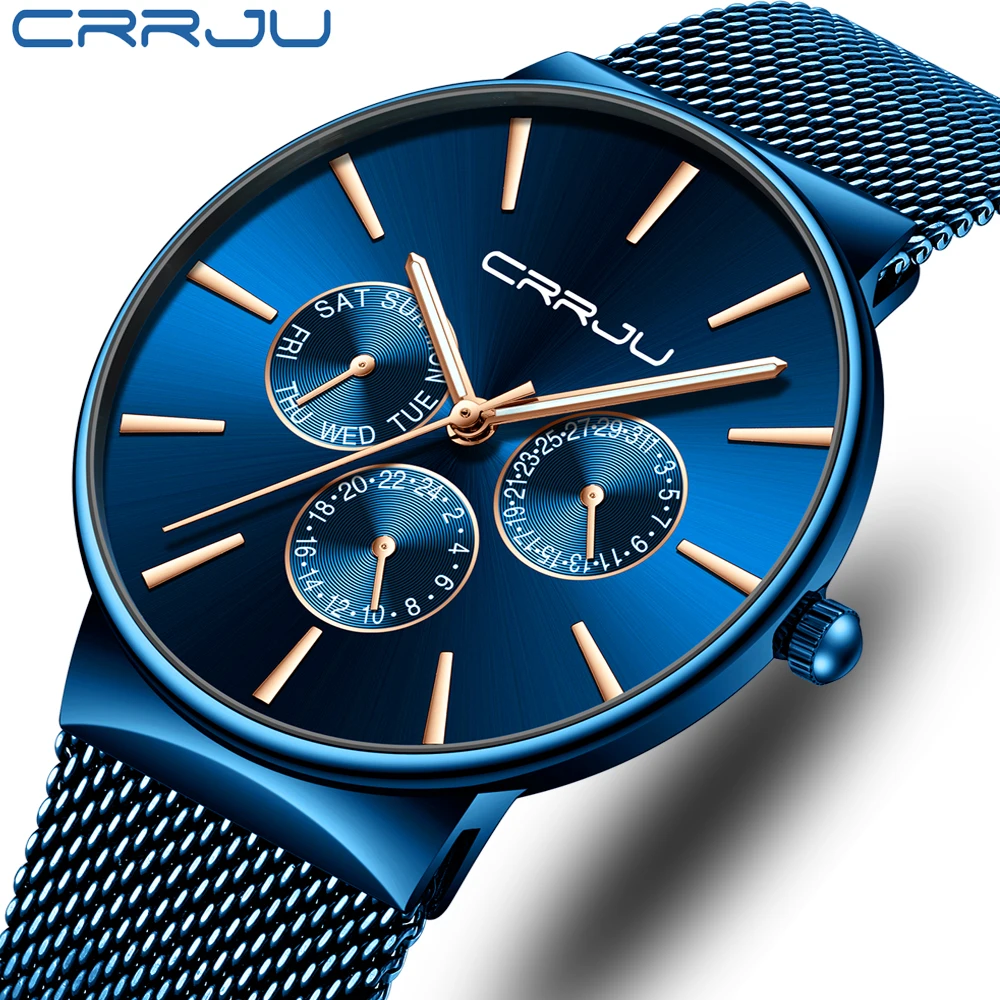 

reloj hombre CRRJU Men Blue Watches Chronograph Ultra Thin Date Fashion Wrist Watch for Men Male Mesh Strap Casual Quartz Clock