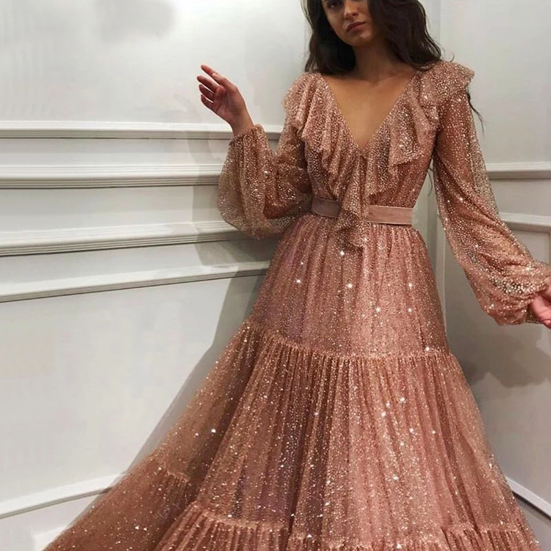 Women Rose Gold V-Neck Sweat Dresses New Long Sleeves Luxury Glitter Fashion Floor-Length Sequin Dress | Женская одежда