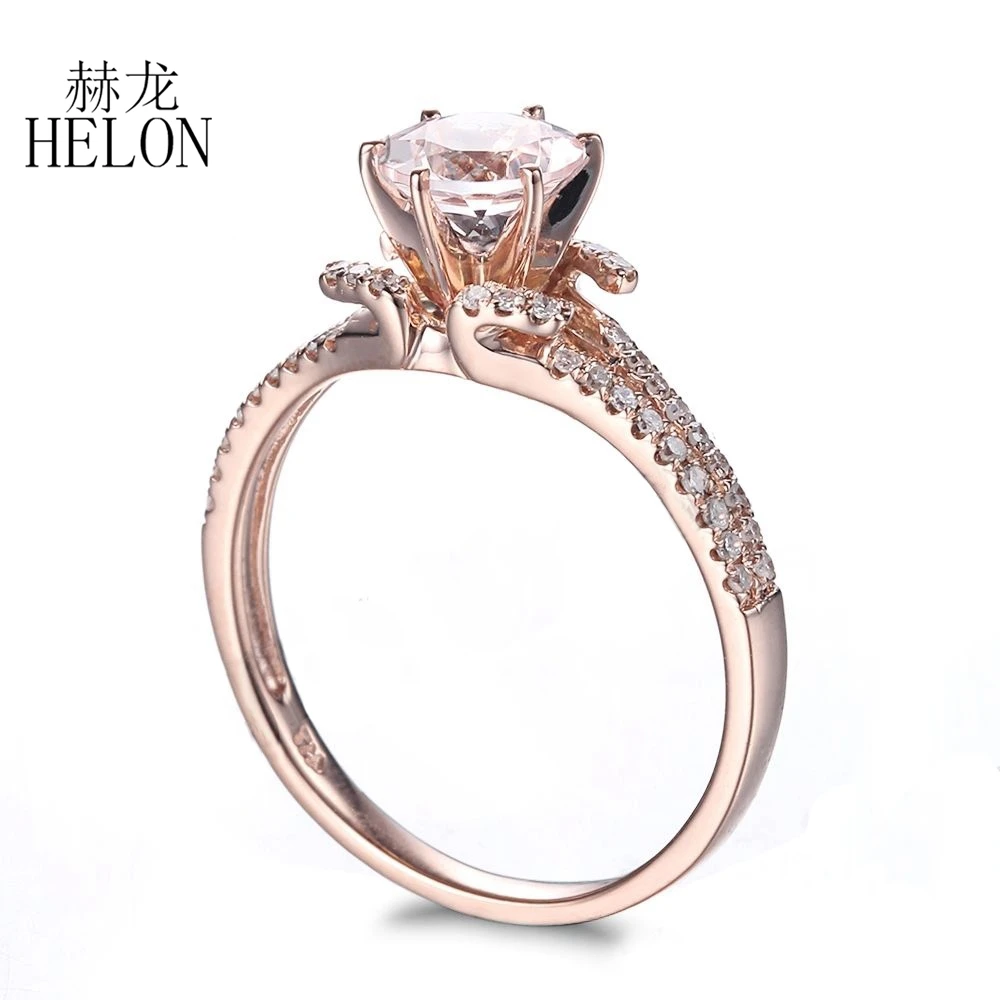 HELON Solid 14 к розовое золото; круг Cut натуральный морганит Очаровательная для женщин обручение кольцо природных алмазов Свадебная вечеринка ювелирные украшения