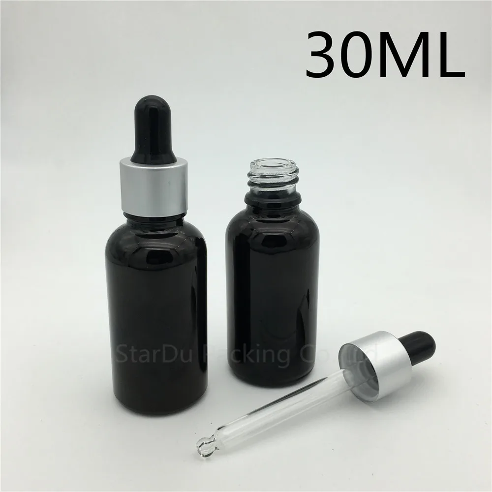

Free shipping 200pcs/lot 30ml black glass essential oil bottle with Sub Silver aluminum ring dropper, 30CC glass perfume bottle