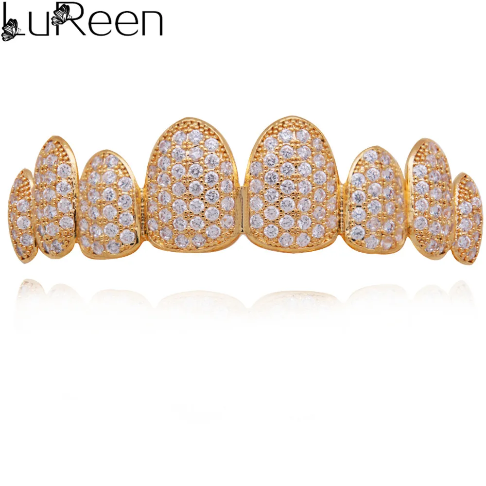 gold top LuReen GrillsTop& Bottom грили стоматологические хип-хоп зуб гриль Зубы вампира шапки Рэппер украшения вечерние XHYT1123 - Metal color: gold top