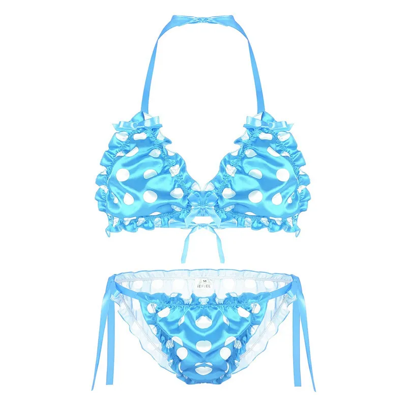 Sky Blue Мужской гофрированный Frilly Блестящий гладкий горошек Strappy Сисси набор белья бикини без косточек Холтер бюстгальтер топ с трусами нижнее белье - Цвет: Sky Blue