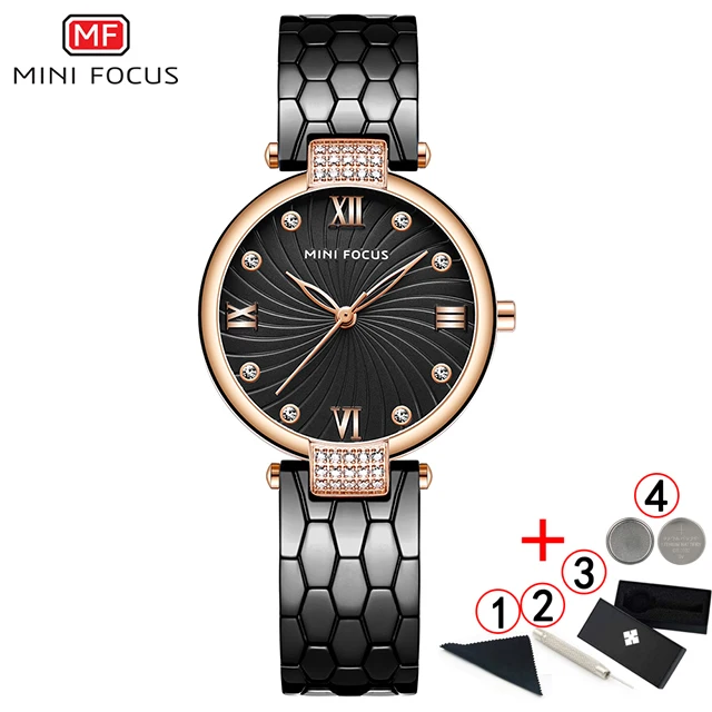 rose-black-with-box Minifocus женские роскошные Брендовые Часы горный хрусталь Золотые женские наручные часы водонепроницаемые золотые часы для женщин Relogio Feminino - Цвет: rose-black-with-box