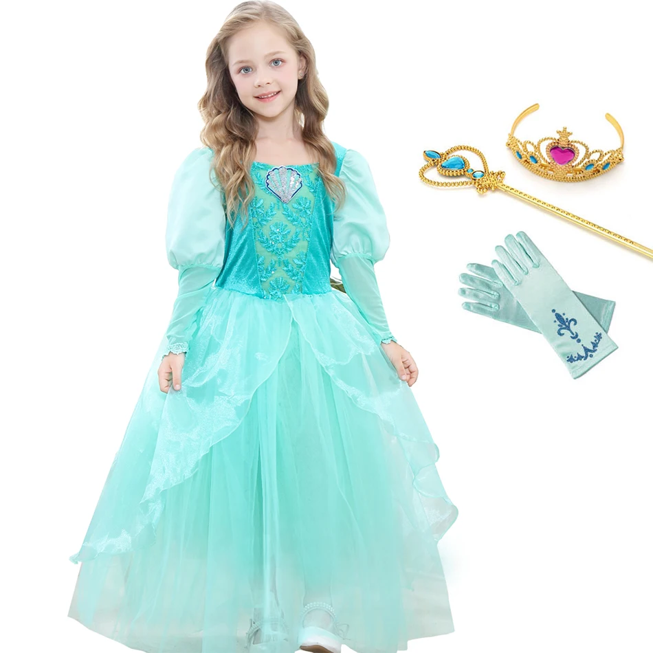 Green Dress Set Маленькое Платье Mermard для девочек; платье принцессы Ариэль, жасмин, Золушка, Белль; детский нарядный костюм с цветочным рисунком; детское праздничное платье на день рождения - Цвет: Green Dress Set