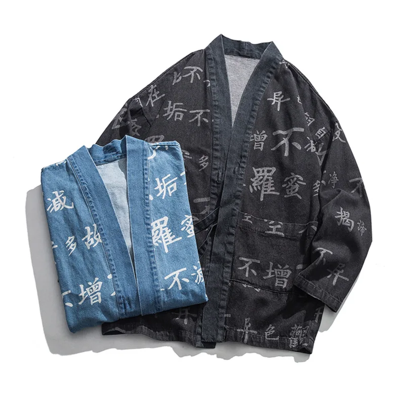 Китайское буддийское Писание принт кимоно кардиган японское кимоно мужская куртка уличная Мужская s кимоно джинсовая куртка для мужчин DA081