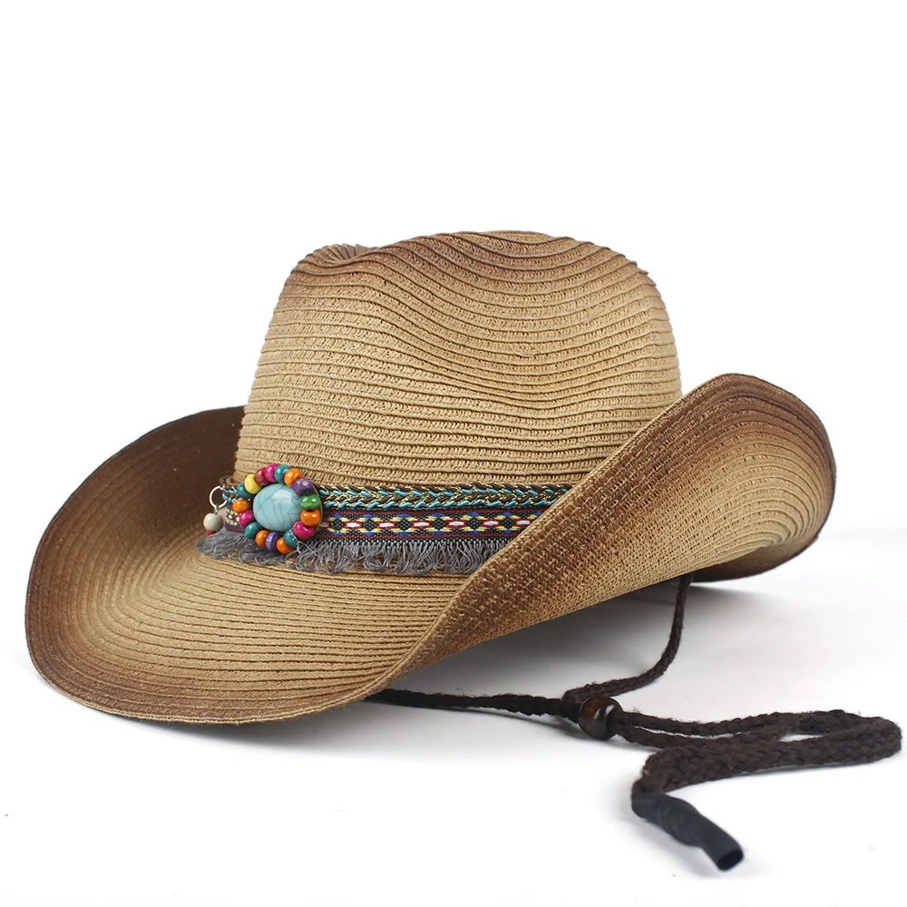 Western Cowboy Hat Women Summer Straw Bohemian Tassel Sombrero Hombre Beach Cowgirl Jazz Sun Size 57-59CM | Аксессуары для одежды