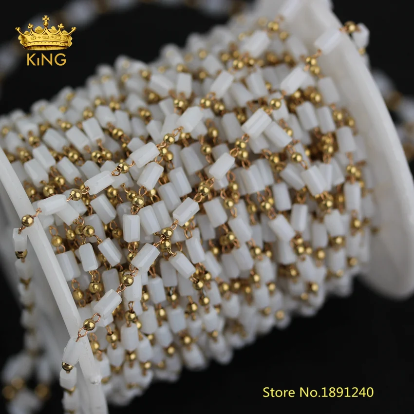 

5meters Small Porcelain White Glass 3x5mm Beaded Chains,Faceted Rectangle Glass Wire Wrapped Brass Copper Charms Chains HX207