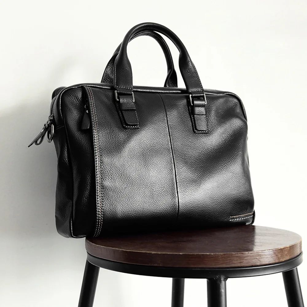 New Natural Cowskin 100% Genuine Leather Men's Briefcase Fashion Large Capacity Business bag Black Male Shoulder 15