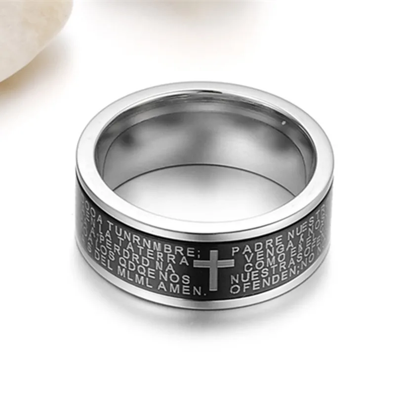 

Hot 8mm Wide Black Christian Cross Bible Ring For Men Stainless Steel Religious Ring Classic Men Prayer Jewelry R134G