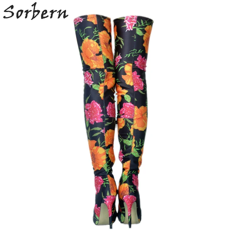

Sorbern New 2018 Flower Print Thigh High Boots Women Over The Knee High Heels Ladies Shoes Women Heels 2018 Girls Shoes Size 46