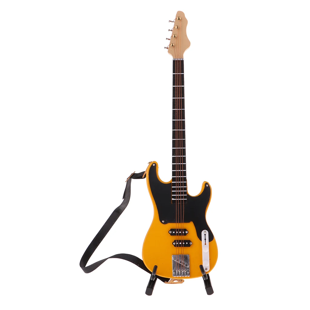 

20cm Miniature Wooden Electric Bass With Stand Model For 1/6 BJD Doll Yellow