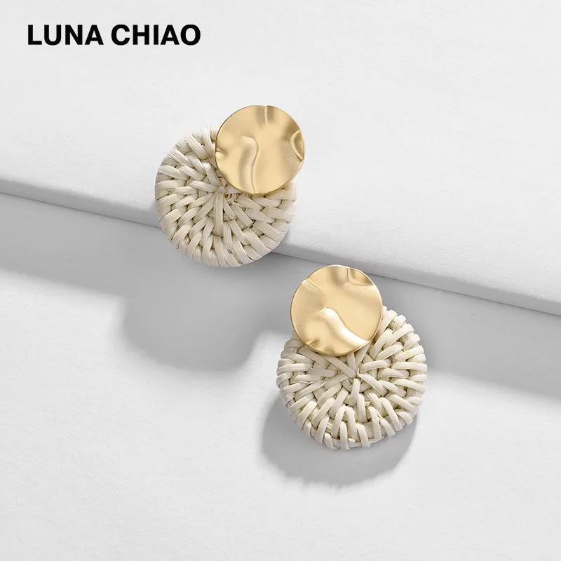 Женские круглые вязаные Серьги-пусеты LUNA CHIAO крашеные серьги-Пусеты Из Ротанга